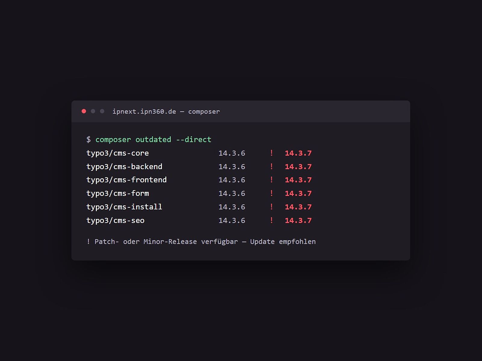 Terminal mit der Liste verfügbarer TYPO3-Updates: Version 14.3.6 auf 14.3.7