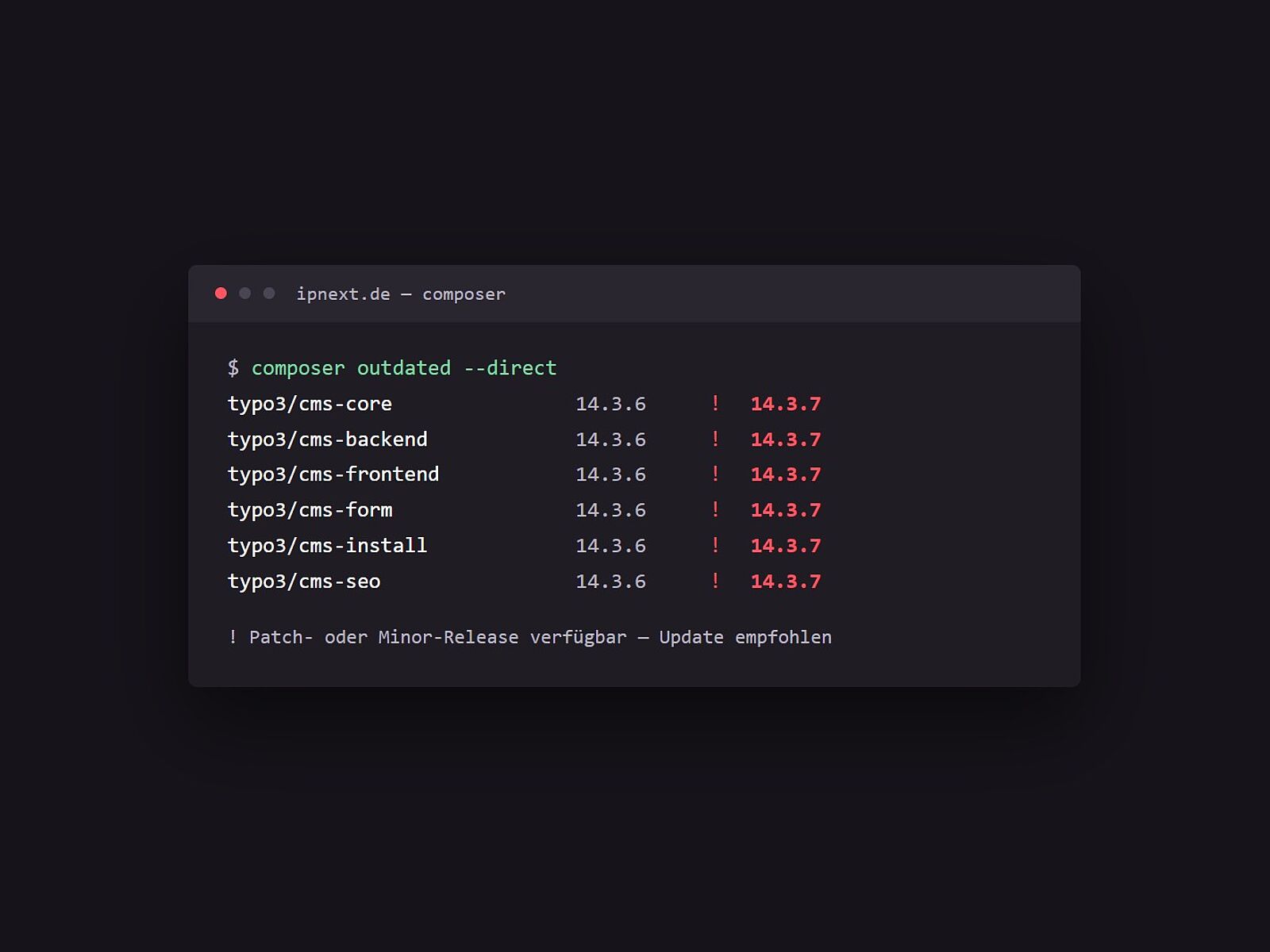 Terminal mit der Liste verfügbarer TYPO3-Updates: Version 14.3.6 auf 14.3.7
