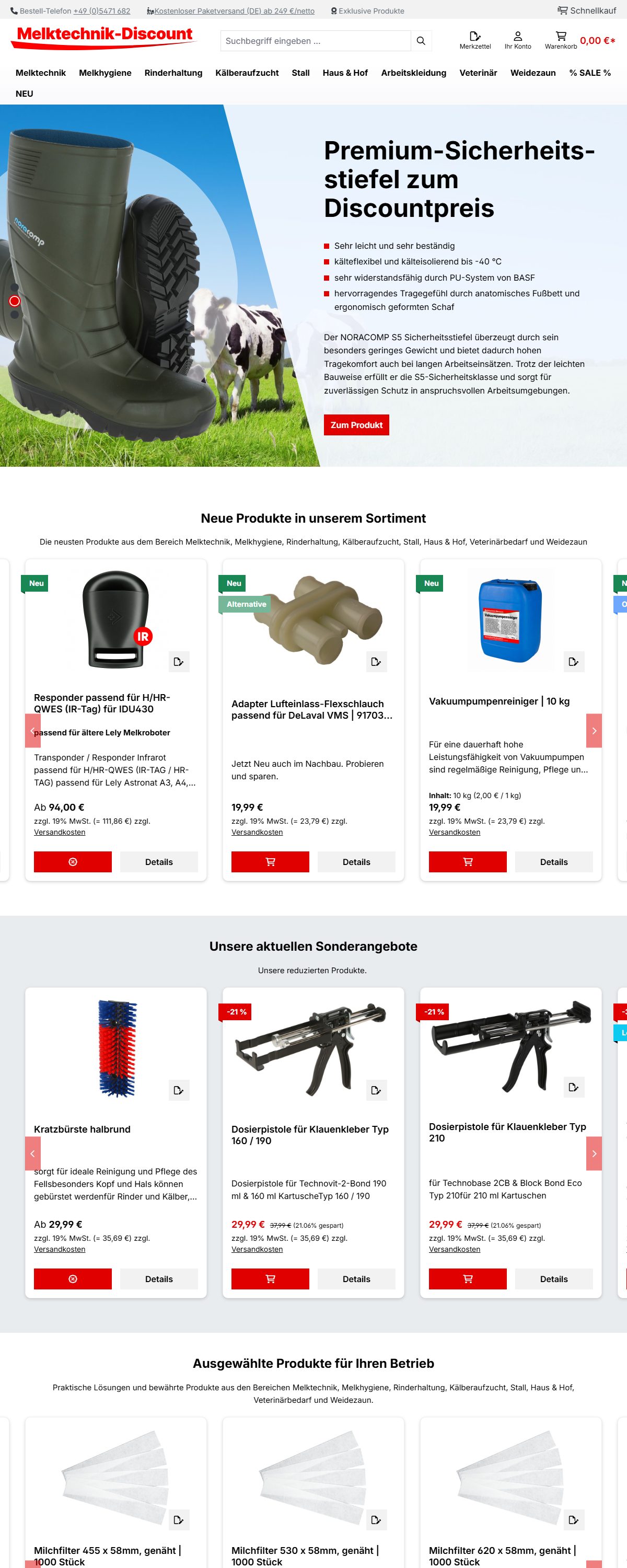 Startseite des Onlineshops melktechnik-discount.de