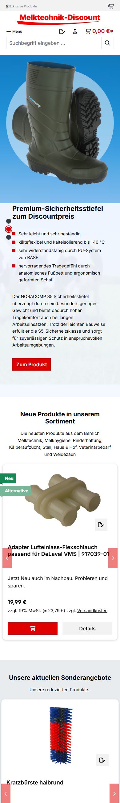 Startseite des Onlineshops melktechnik-discount.de